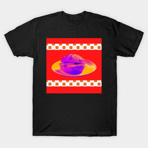 Pineapple Bun - Funky Hong Kong Street Food - Pop Art Neon Purple with Bright Red T-Shirt by CRAFTY BITCH
